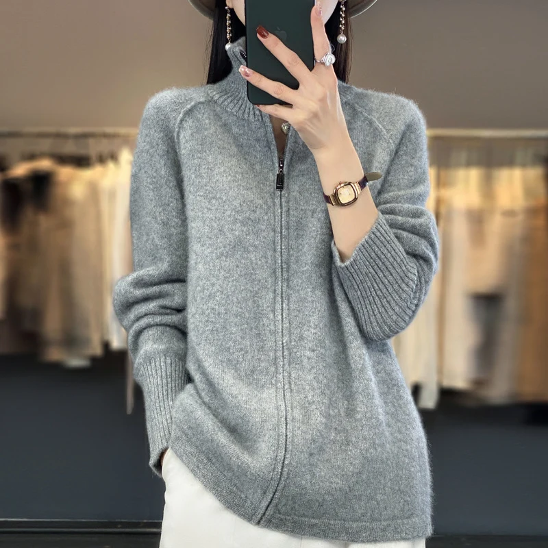 Damen Zip-Cardigan im Kaschmir‑Look mit Stehkragen und gerippten Bündchen Nord Taschen