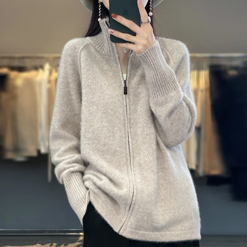 Damen Zip-Cardigan im Kaschmir‑Look mit Stehkragen und gerippten Bündchen Nord Taschen