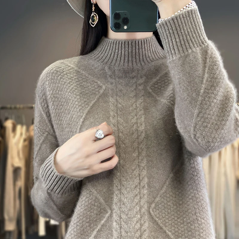 Damen Weicher Zopfstrick-Mockneckpullover mit Strukturpatches und flauschiger Mohair-Optik Nord Taschen