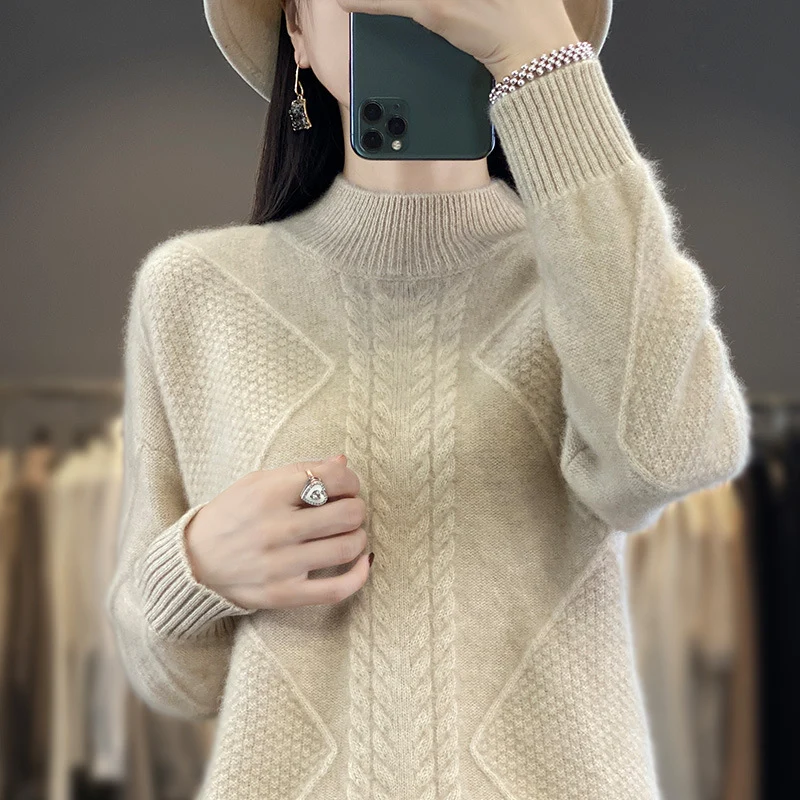 Damen Weicher Zopfstrick-Mockneckpullover mit Strukturpatches und flauschiger Mohair-Optik Nord Taschen