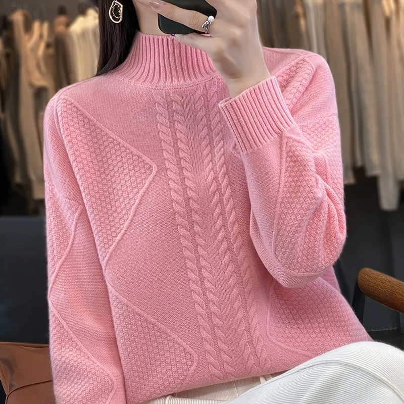 Damen Weicher Zopfstrick-Mockneckpullover mit Strukturpatches und flauschiger Mohair-Optik Nord Taschen