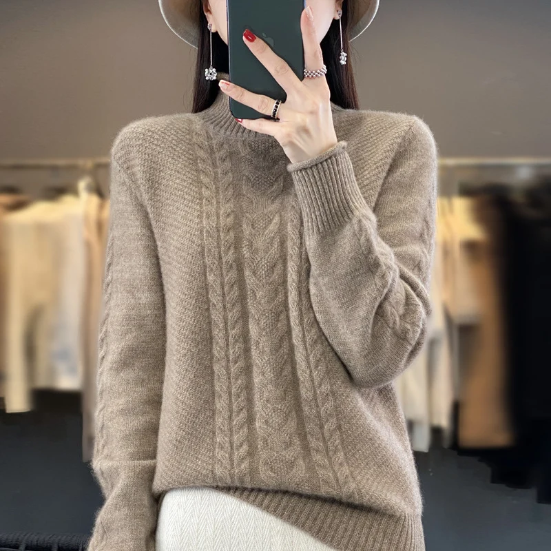 Damen Weicher Zopfstrick‑Mockneckpullover mit kaschmirähnlicher Haptik und verlängerten Rippbündchen Nord Taschen