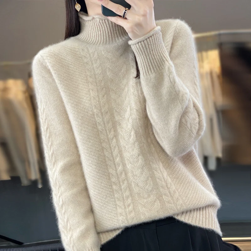 Damen Weicher Zopfstrick‑Mockneckpullover mit kaschmirähnlicher Haptik und verlängerten Rippbündchen Nord Taschen