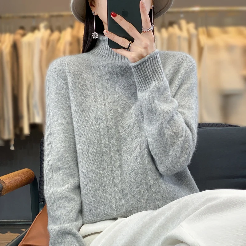 Damen Weicher Zopfstrick‑Mockneckpullover mit kaschmirähnlicher Haptik und verlängerten Rippbündchen Nord Taschen