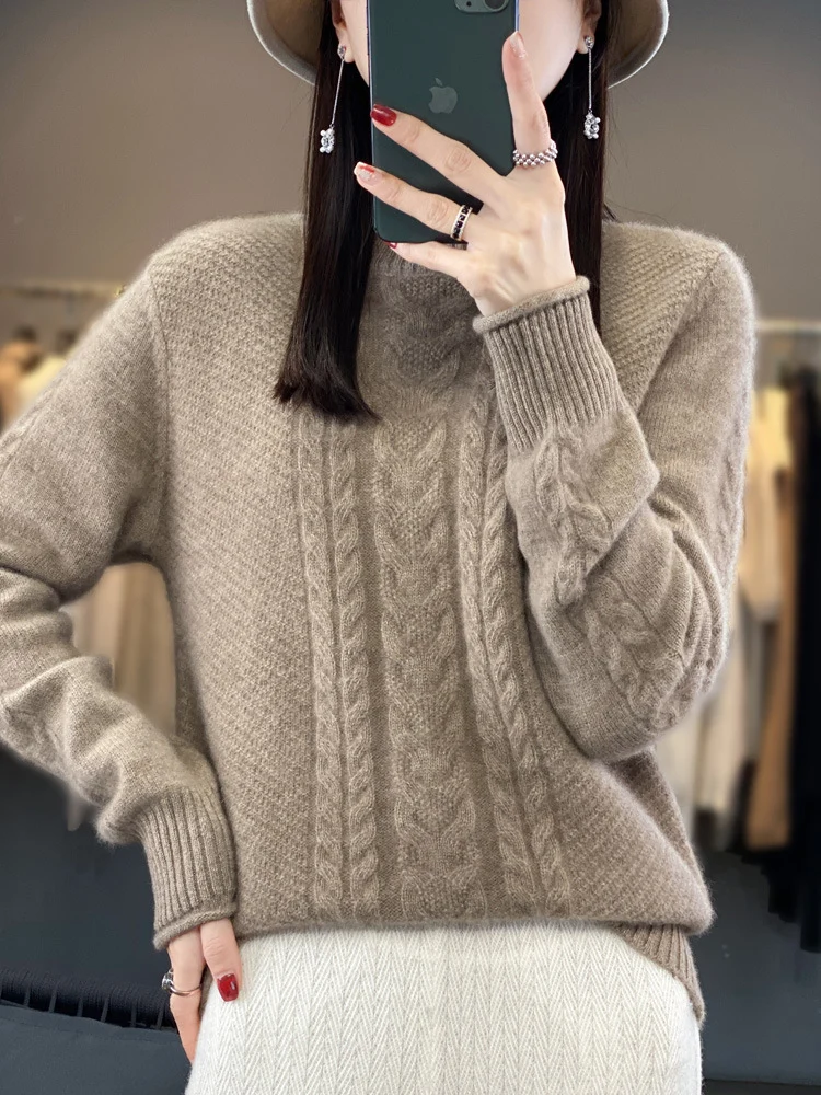 Damen Weicher Zopfstrick‑Mockneckpullover mit kaschmirähnlicher Haptik und verlängerten Rippbündchen Nord Taschen