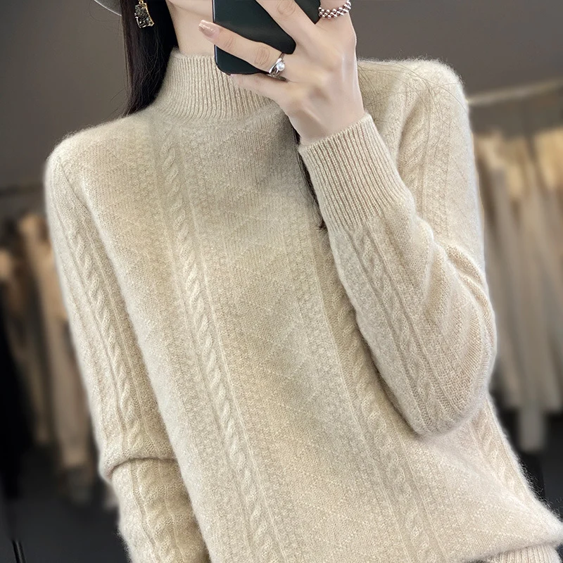 Damen Weicher Zopfstrick-Mockneck-Pullover mit leichtem Mohair-Effekt Nord Taschen