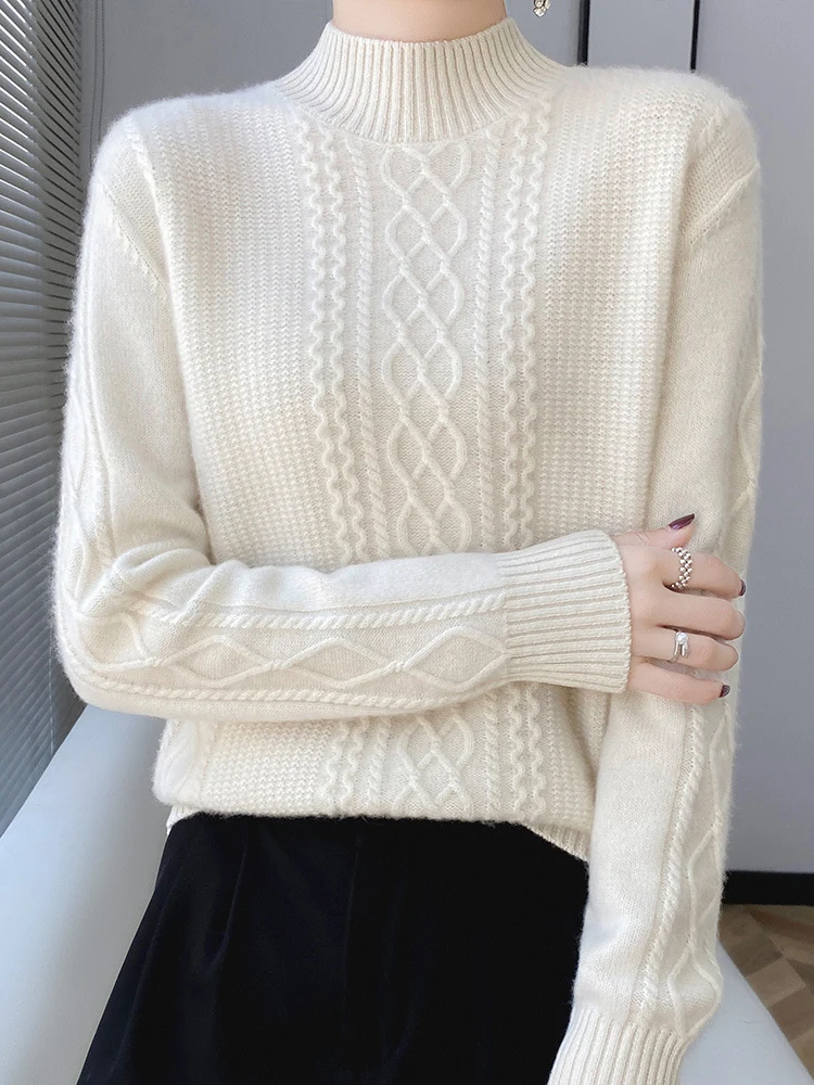 Damen Weicher Zopfstrick-Mockneck-Pullover mit leichtem Mohair-Effekt Nord Taschen