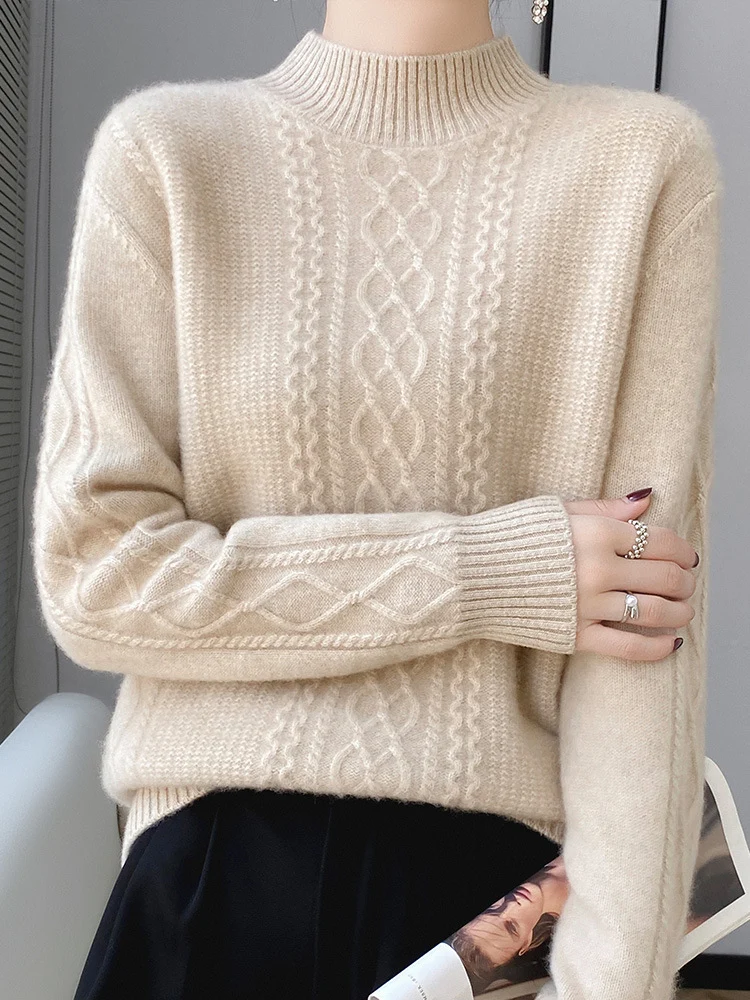 Damen Weicher Zopfstrick-Mockneck-Pullover mit leichtem Mohair-Effekt Nord Taschen