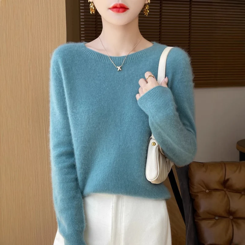 Damen Weicher Mohair‑Optik Rundhals‑Pullover mit feinem Rippsaum und leichter Oversize‑Passform Nord Taschen