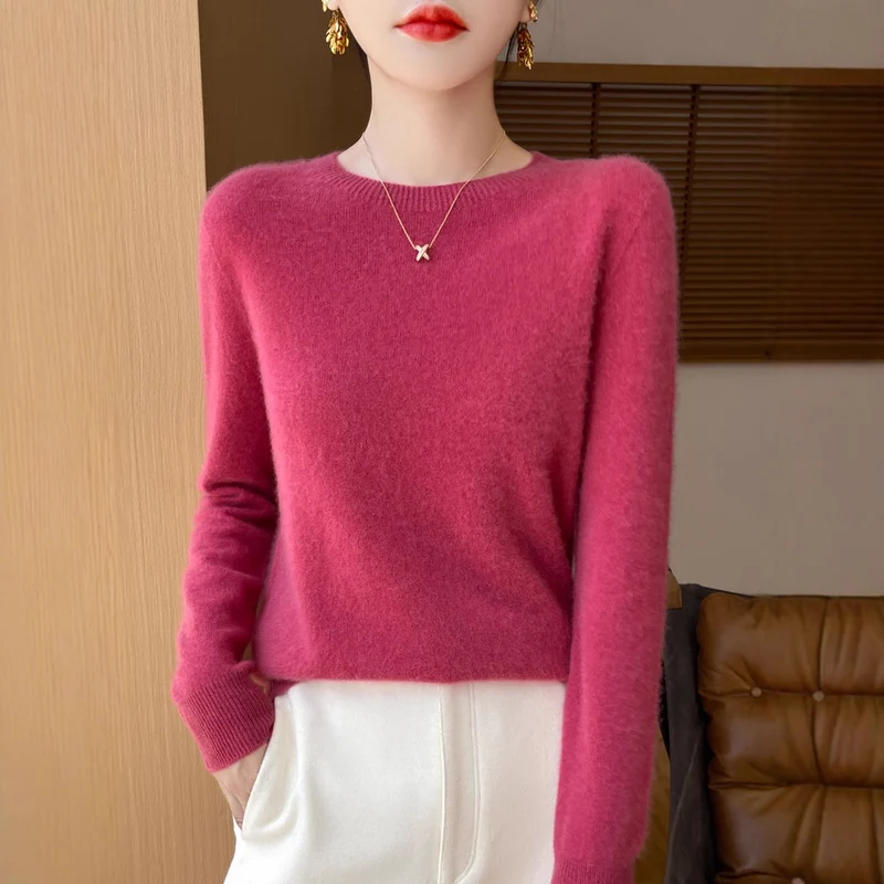 Damen Weicher Mohair‑Optik Rundhals‑Pullover mit feinem Rippsaum und leichter Oversize‑Passform Nord Taschen