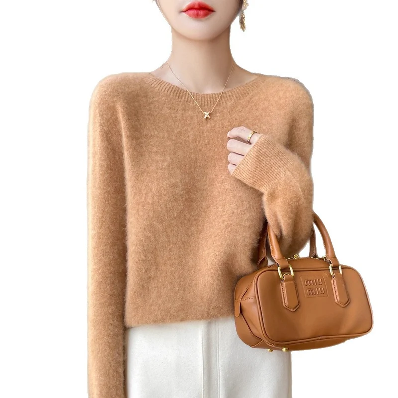 Damen Weicher Mohair‑Optik Rundhals‑Pullover mit feinem Rippsaum und leichter Oversize‑Passform Nord Taschen