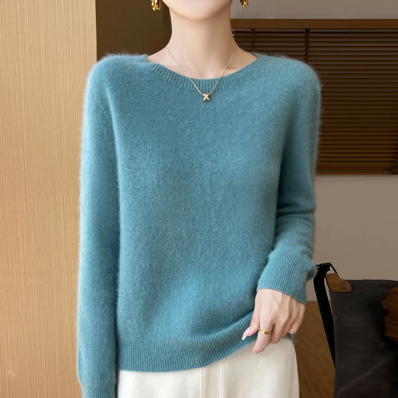 Damen Weicher Mohair‑Optik Rundhals‑Pullover mit feinem Rippsaum und leichter Oversize‑Passform Nord Taschen