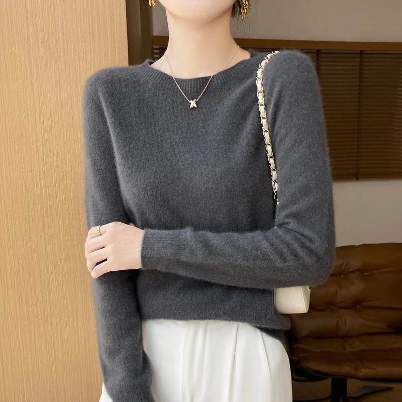 Damen Weicher Mohair‑Optik Rundhals‑Pullover mit feinem Rippsaum und leichter Oversize‑Passform Nord Taschen