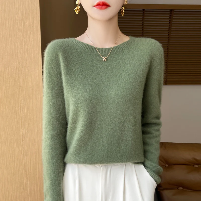 Damen Weicher Mohair‑Optik Rundhals‑Pullover mit feinem Rippsaum und leichter Oversize‑Passform Nord Taschen