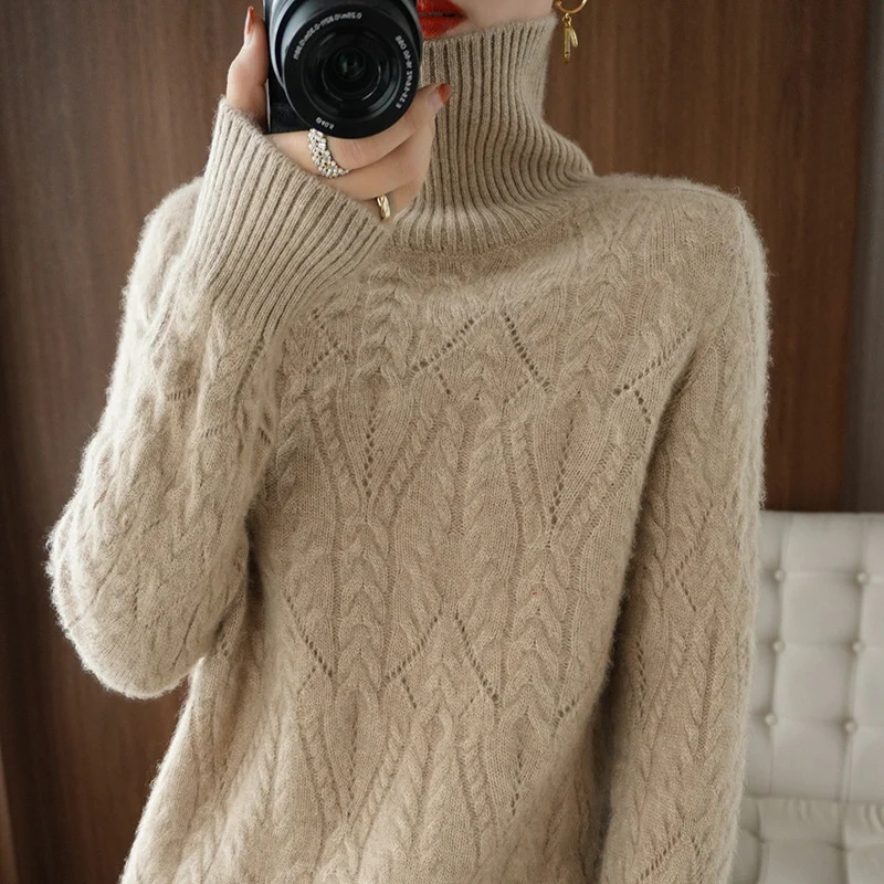 Damen Weicher Mohair‑Optik Oversize‑Rollkragenpullover mit Ajour‑Zopfstruktur Nord Taschen