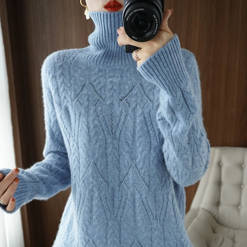 Damen Weicher Mohair‑Optik Oversize‑Rollkragenpullover mit Ajour‑Zopfstruktur Nord Taschen