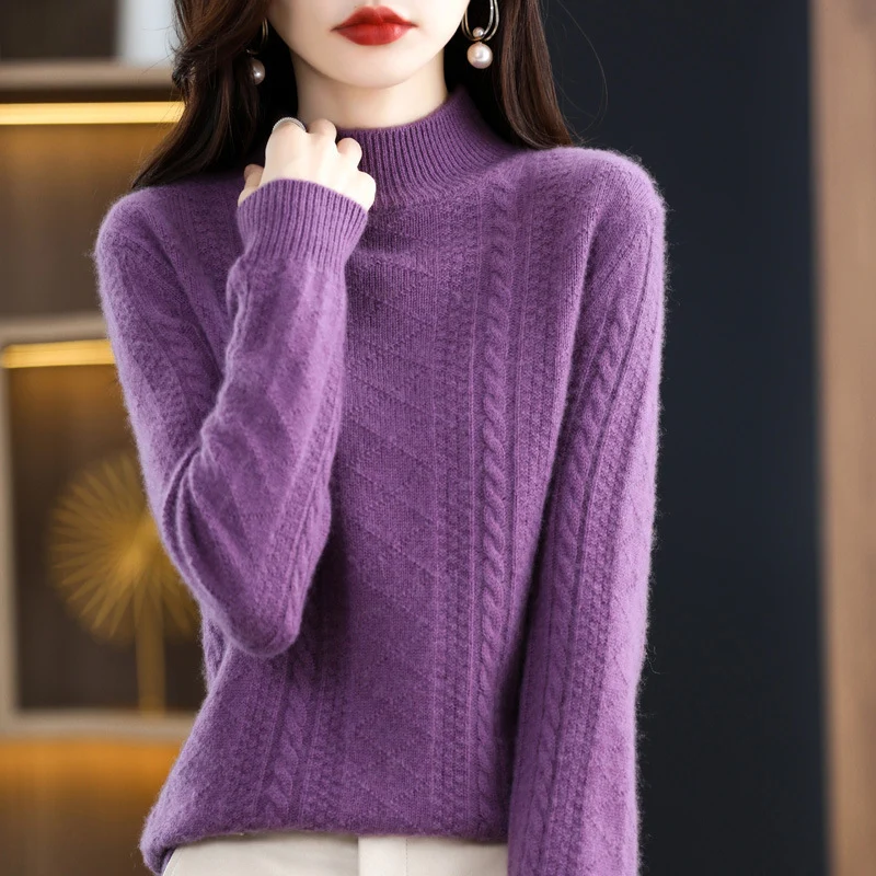 Damen Weicher Mohair‑Optik Mockneck‑Pullover mit Zopfmotiv und feinem Rippkragen Nord Taschen