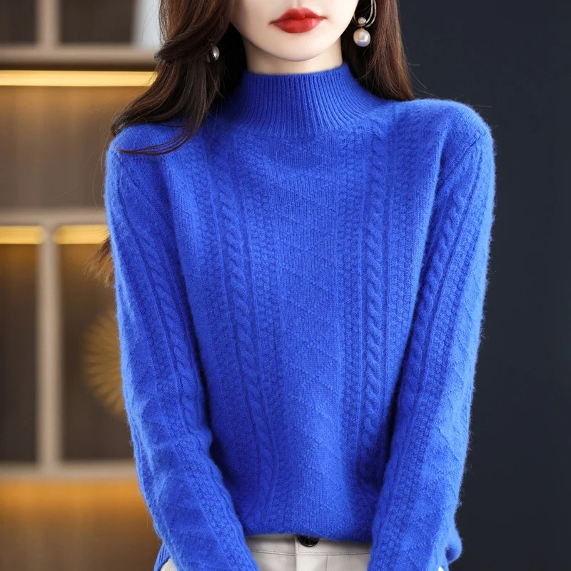 Damen Weicher Mohair‑Optik Mockneck‑Pullover mit Zopfmotiv und feinem Rippkragen Nord Taschen