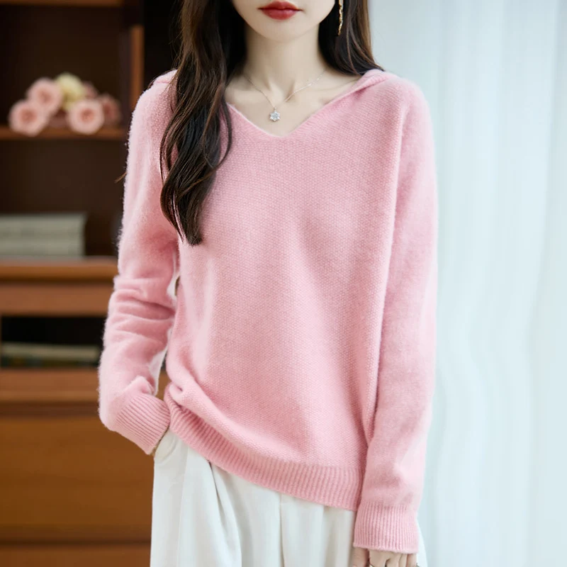 Damen Weicher Mohair‑Optik Kapuzenpullover mit V‑Ausschnitt und geripptem Saum Nord Taschen