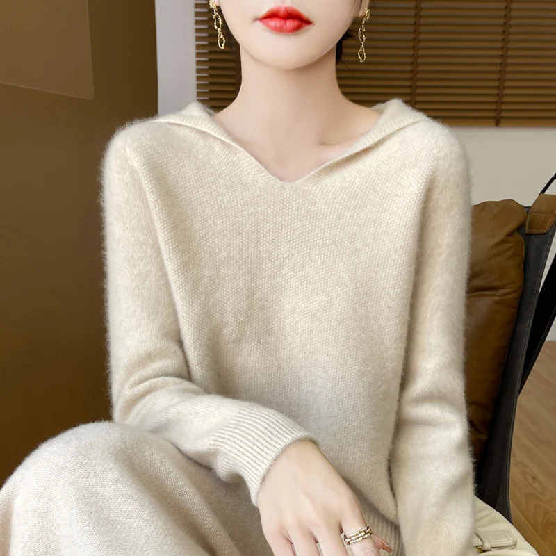 Damen Weicher Mohair‑Optik Kapuzenpullover mit V‑Ausschnitt und geripptem Saum Nord Taschen
