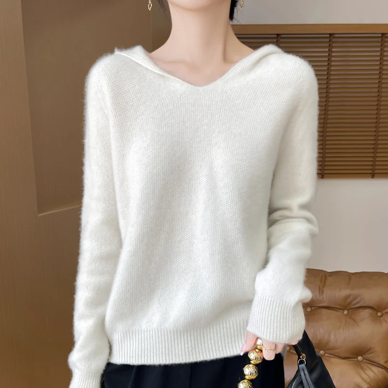 Damen Weicher Mohair‑Optik Kapuzenpullover mit V‑Ausschnitt und geripptem Saum Nord Taschen