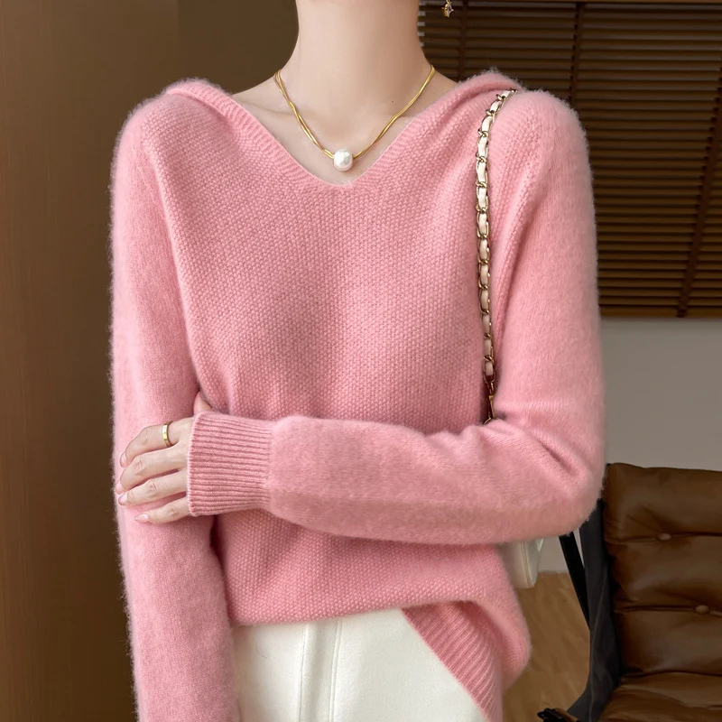 Damen Weicher Mohair‑Optik Kapuzenpullover mit V‑Ausschnitt und geripptem Saum Nord Taschen