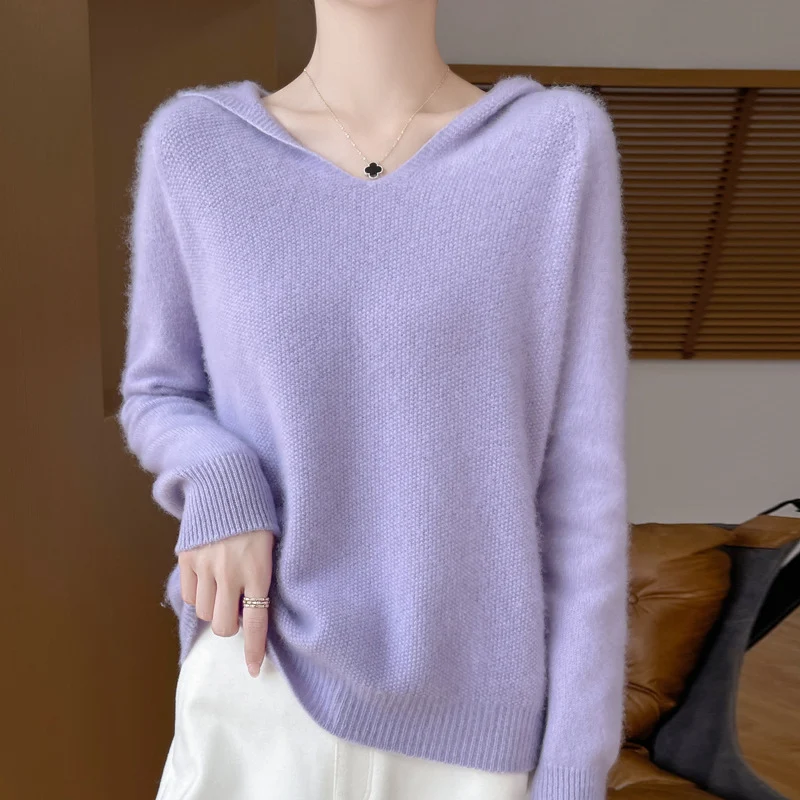 Damen Weicher Mohair‑Optik Kapuzenpullover mit V‑Ausschnitt und geripptem Saum Nord Taschen