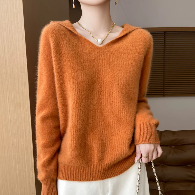 Damen Weicher Mohair‑Optik Kapuzenpullover mit V‑Ausschnitt und geripptem Saum Nord Taschen