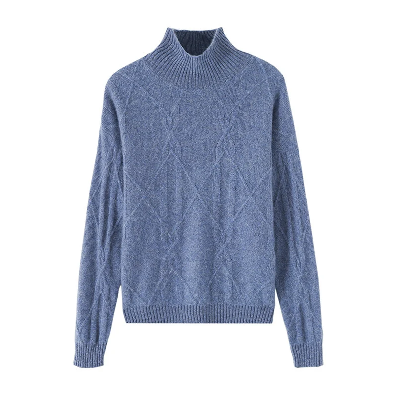 Damen Weicher Mohair‑Look Pullover mit hohem Rippkragen, Zopfmotiv und kastiger Oversize‑Passform Nord Taschen