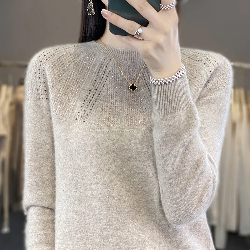 Damen Weicher Kaschmir‑Optik Feinstrickpullover mit Ajour‑Yoke und Paillettenbesatz Nord Taschen