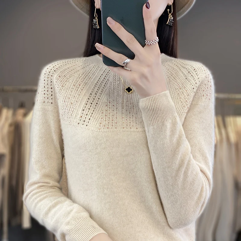 Damen Weicher Kaschmir‑Optik Feinstrickpullover mit Ajour‑Yoke und Paillettenbesatz Nord Taschen
