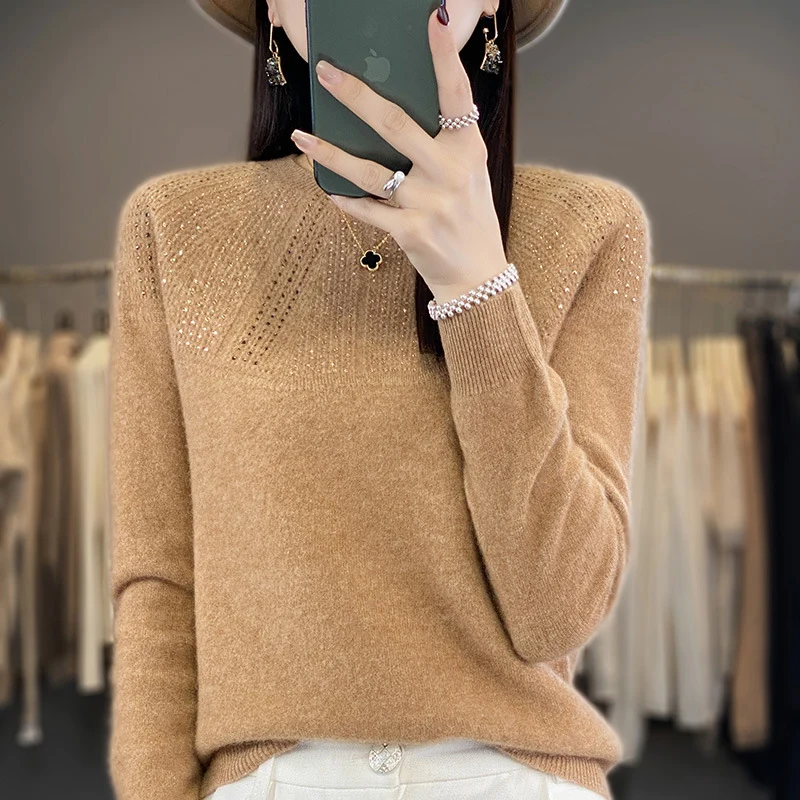 Damen Weicher Kaschmir‑Optik Feinstrickpullover mit Ajour‑Yoke und Paillettenbesatz Nord Taschen