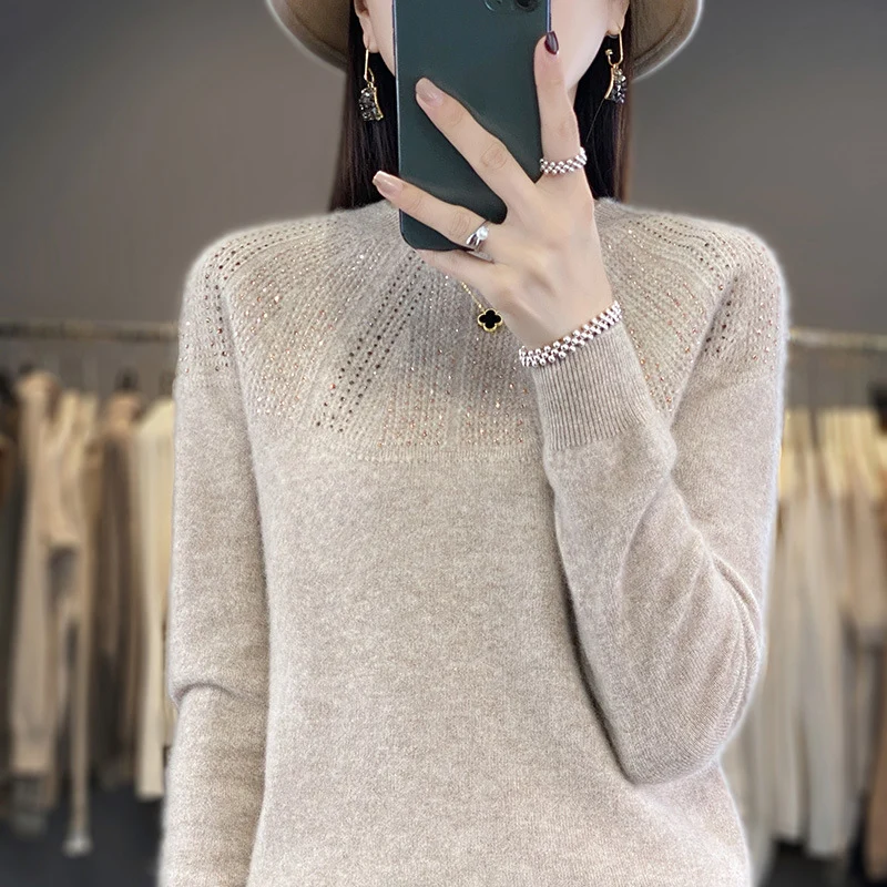 Damen Weicher Kaschmir‑Optik Feinstrickpullover mit Ajour‑Yoke und Paillettenbesatz Nord Taschen