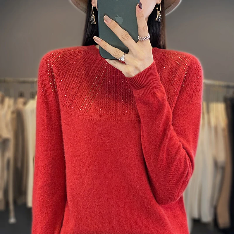 Damen Weicher Kaschmir‑Optik Feinstrickpullover mit Ajour‑Yoke und Paillettenbesatz Nord Taschen