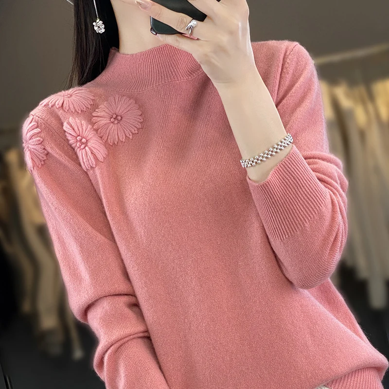 Damen Weicher Feinstrickpullover mit kurzem Stehkragen, 3D‑Blütenapplikation und gerippten Bündchen Nord Taschen