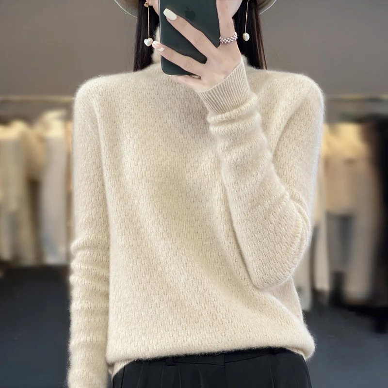Damen Weicher Feinstrick‑Mockneckpullover mit flauschiger Mohair‑Optik, zarter Wabenstruktur und legerer Oversize‑Passform Nord Taschen