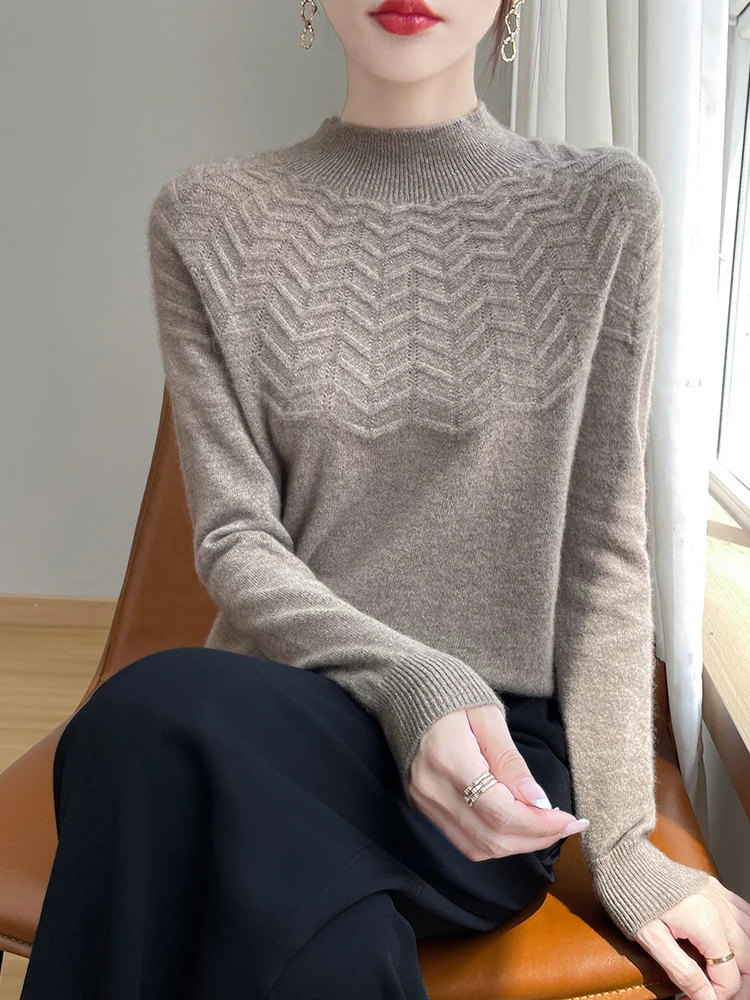 Damen Weicher Feinstrick-Mockneckpullover mit Chevron-Ajour und Kaschmirlook Nord Taschen