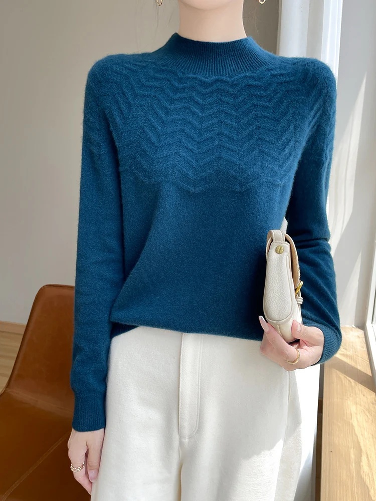 Damen Weicher Feinstrick-Mockneckpullover mit Chevron-Ajour und Kaschmirlook Nord Taschen