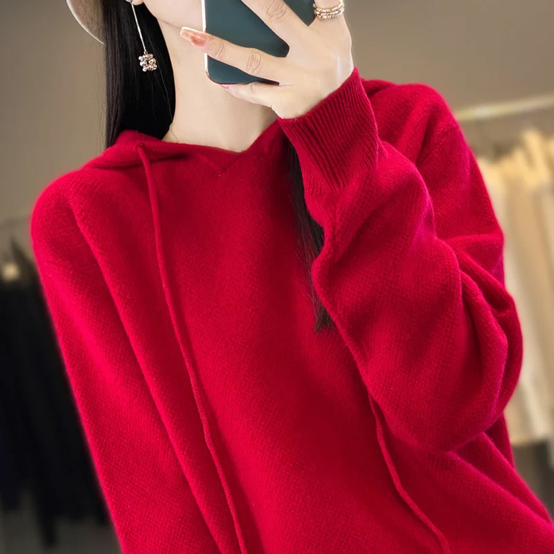 Damen weicher Feinstrick‑Kapuzensweater mit melierter Struktur und gerippten Bündchen Nord Taschen