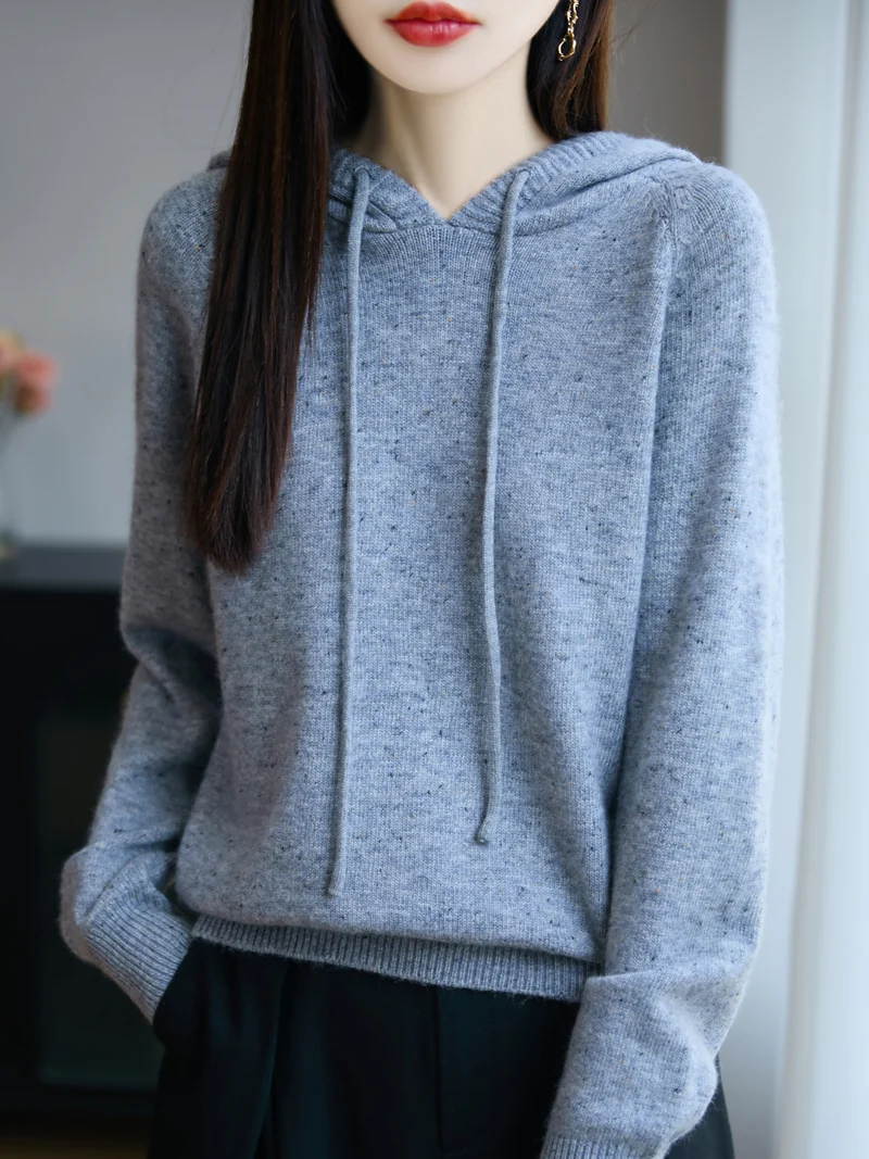 Damen Weicher Feinstrick-Kapuzenpullover mit Nep‑Garn und gerippten Bündchen Nord Taschen
