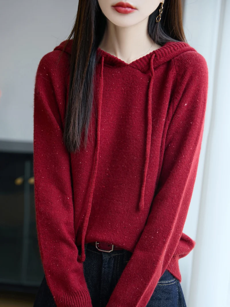 Damen Weicher Feinstrick-Kapuzenpullover mit Nep‑Garn und gerippten Bündchen Nord Taschen