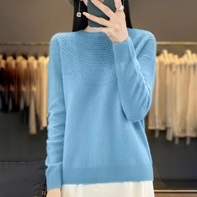Damen Weicher Ajour‑Yoke Rundhalspullover in Kaschmir‑Optik Feinstrick Nord Taschen
