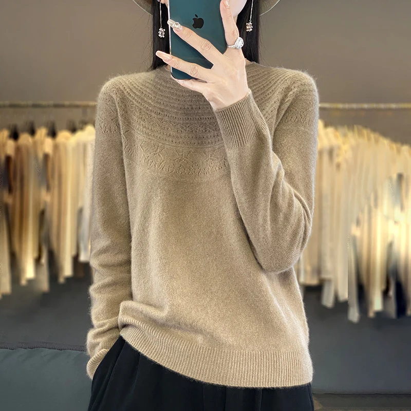 Damen Weicher Ajour‑Yoke Rundhalspullover in Kaschmir‑Optik Feinstrick Nord Taschen