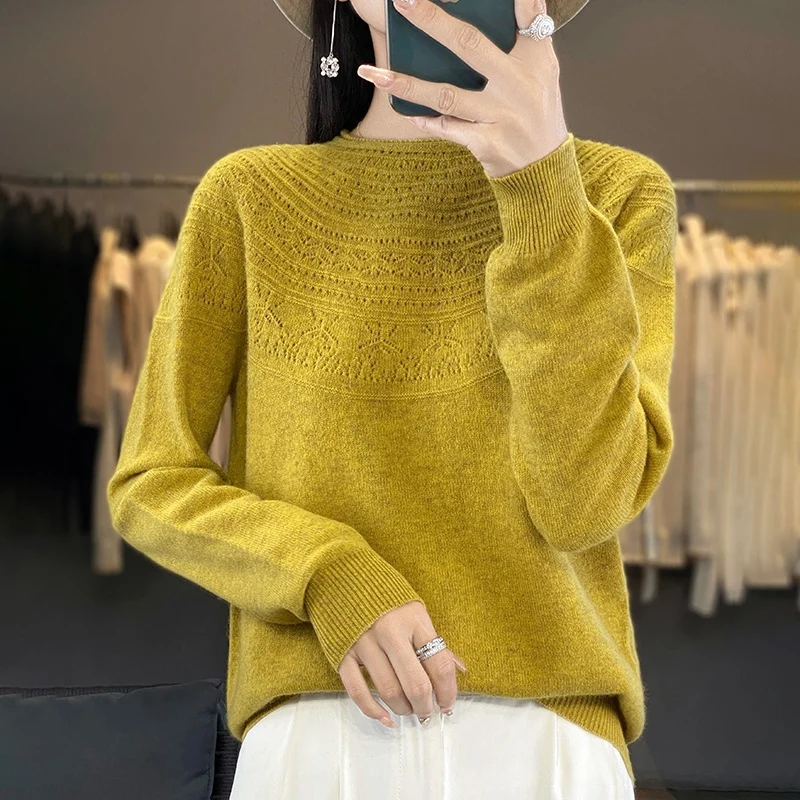 Damen Weicher Ajour‑Yoke Rundhalspullover in Kaschmir‑Optik Feinstrick Nord Taschen
