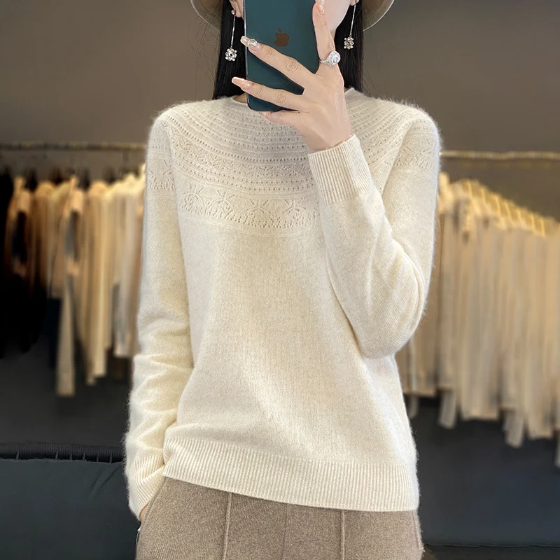 Damen Weicher Ajour‑Yoke Rundhalspullover in Kaschmir‑Optik Feinstrick Nord Taschen