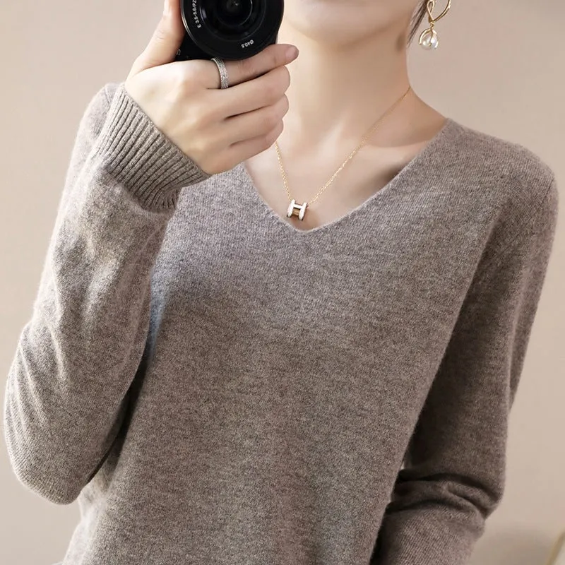 Damen V-Ausschnitt Pullover in Kaschmir-Optik mit legerem Schnitt und Rippbündchen Nord Taschen