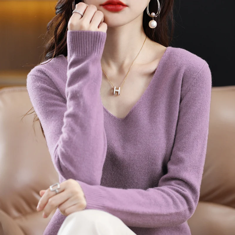 Damen V-Ausschnitt Pullover in Kaschmir-Optik mit legerem Schnitt und Rippbündchen Nord Taschen