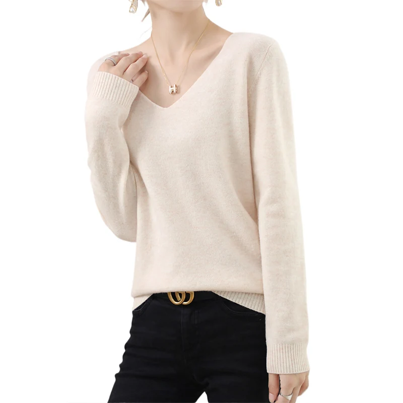 Damen V-Ausschnitt Pullover in Kaschmir-Optik mit legerem Schnitt und Rippbündchen Nord Taschen