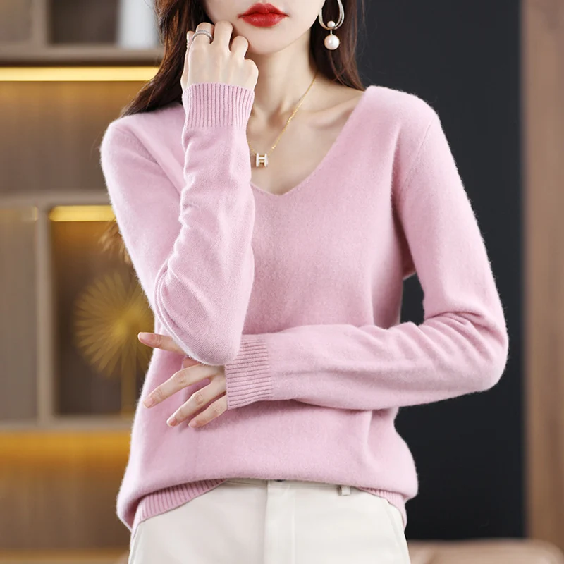 Damen V-Ausschnitt Pullover in Kaschmir-Optik mit legerem Schnitt und Rippbündchen Nord Taschen