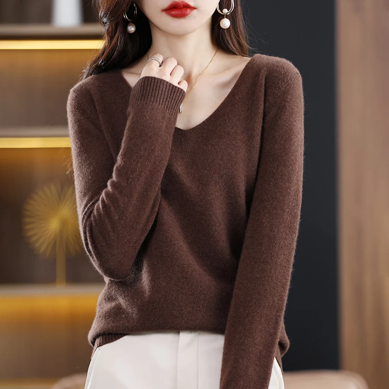 Damen V-Ausschnitt Pullover in Kaschmir-Optik mit legerem Schnitt und Rippbündchen Nord Taschen